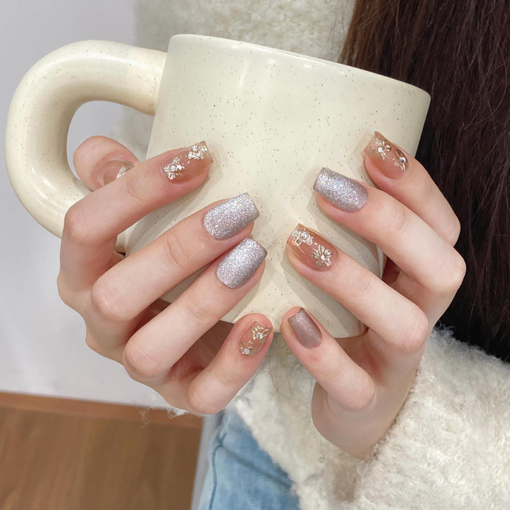 Decorative Press-On Nail Set with Floral and Glitter Accents