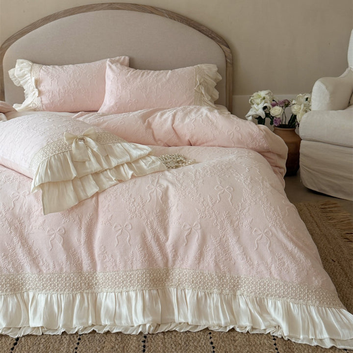 Vintage Lace-Trimmed Quilted Bow-Embossed Duvet Cover Bedding Set