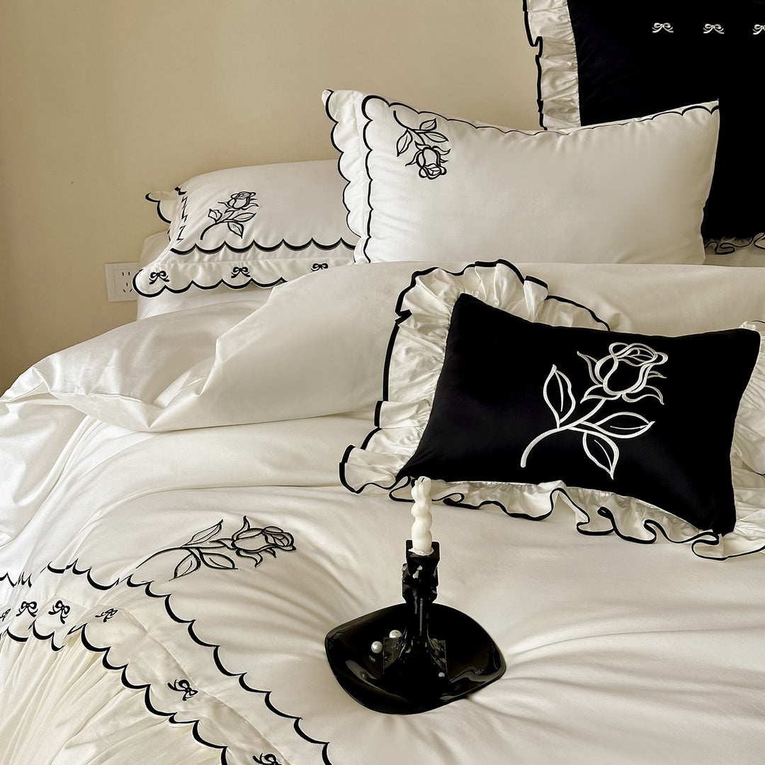 Ruffled Gathered Duvet Cover Set with Contrast Piped Edge & Decorative Embroidered Shams
