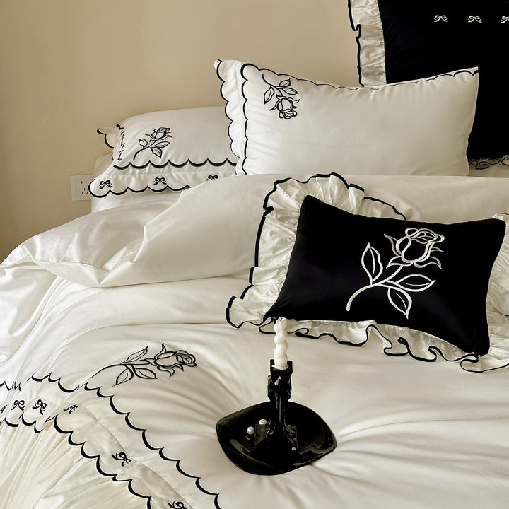 Ruffled Gathered Duvet Cover Set with Contrast Piped Edge & Decorative Embroidered Shams
