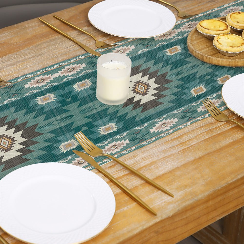 Southwestern Pattern Cotton-Linen Table Runner with Aztec Geometric Print