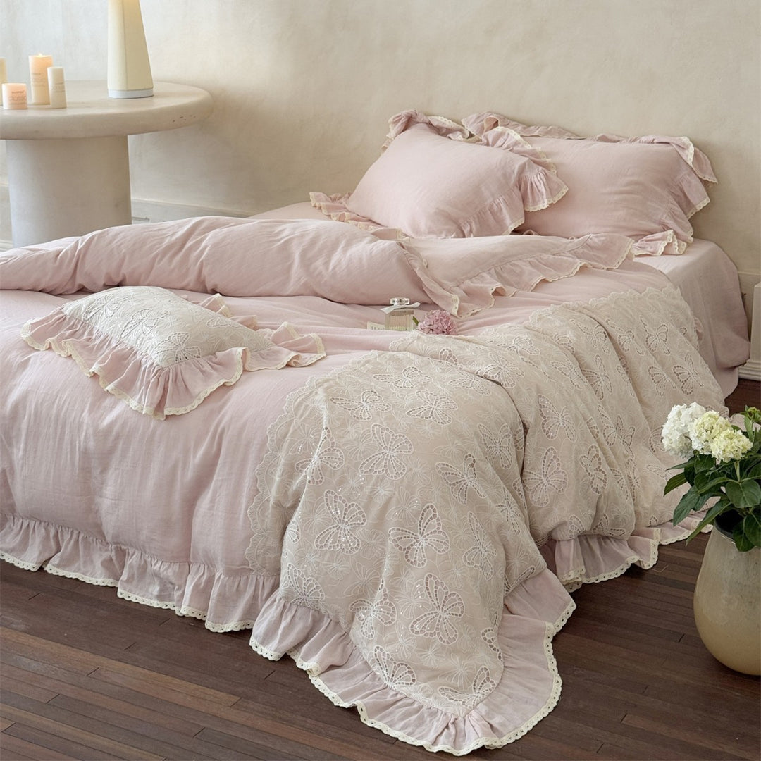 Vintage-Inspired Cutwork Butterfly Embroidered Ruffled Linen-Blend Duvet Cover Set