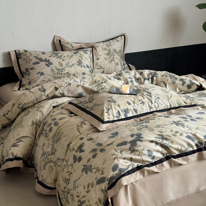 Botanical Watercolor Reversible Duvet Cover Set with Contrast Piped Shams