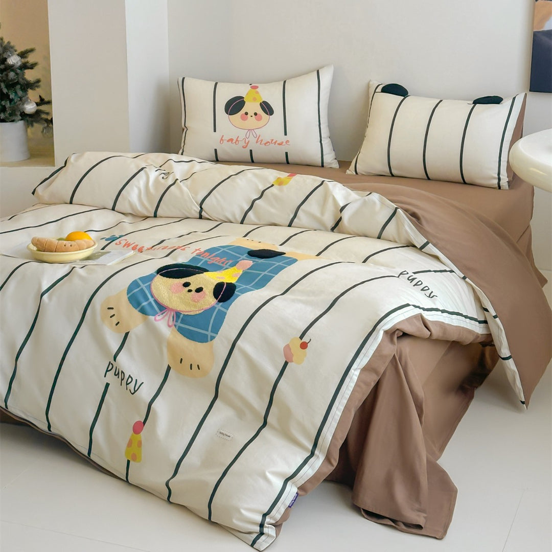Children's Cartoon Puppy Duvet Cover Bedding Set with Reversible Stripe Pattern and Pillow Shams