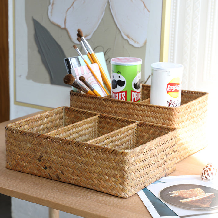 Unisex storage basket with three compartments made of handwoven natural material Stornfield