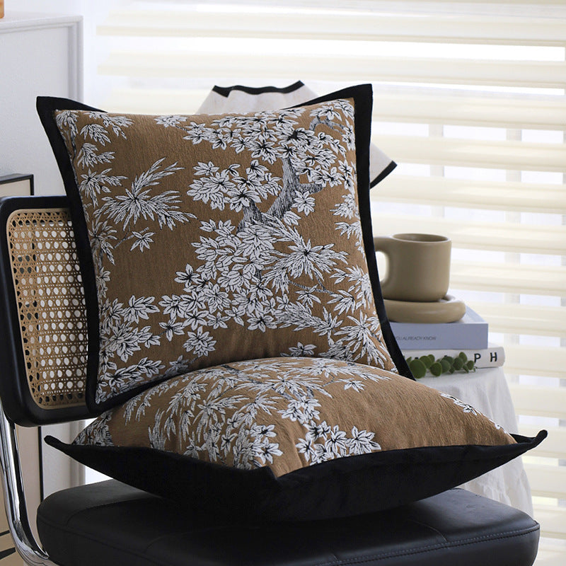 Square embroidered cushion cover made of cotton-linen blend with floral jacquard texture and velvet piping Stornfield