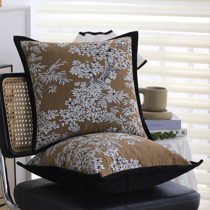 Square embroidered cushion cover made of cotton-linen blend with floral jacquard texture and velvet piping Stornfield
