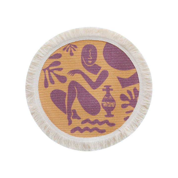 Round woven placemat with fringes and abstract figure motif Stornfield