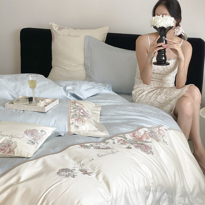 Floral Embroidered Sateen Duvet Cover Set with Watercolor Rose Border