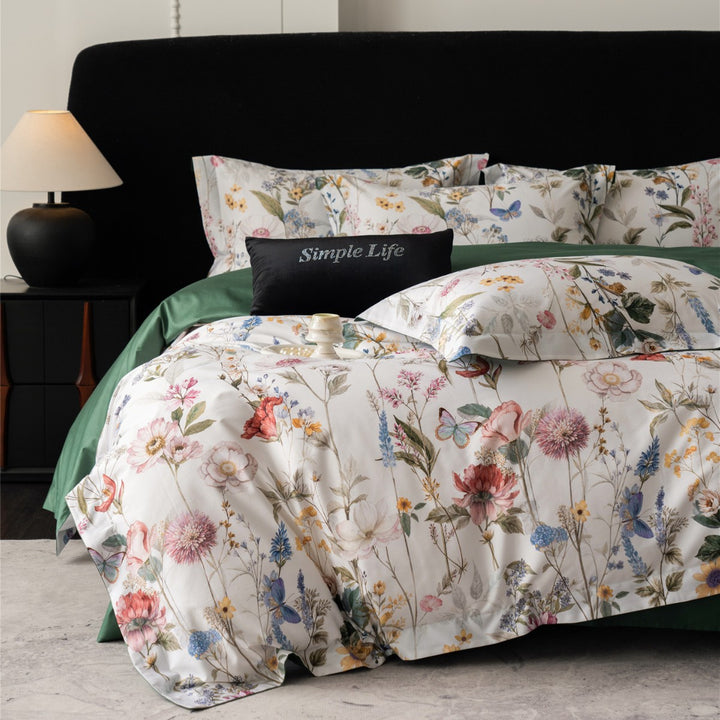 Meadow-Print Cotton Sateen Duvet Cover Set with Reversible Solid Back & Euro Shams