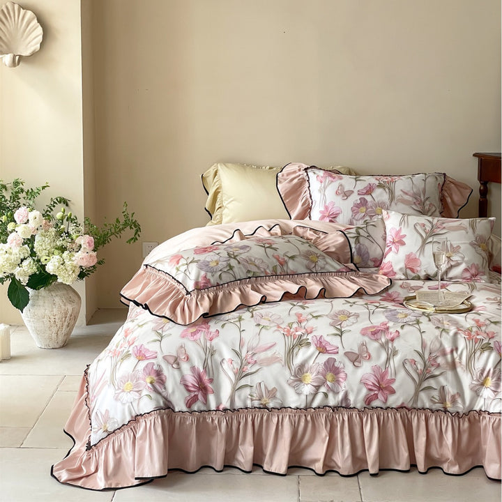 Ruffled Floral Cotton-Linen Blend Duvet Cover Set with Skirted Ruffle and Contrasting Piped Edge