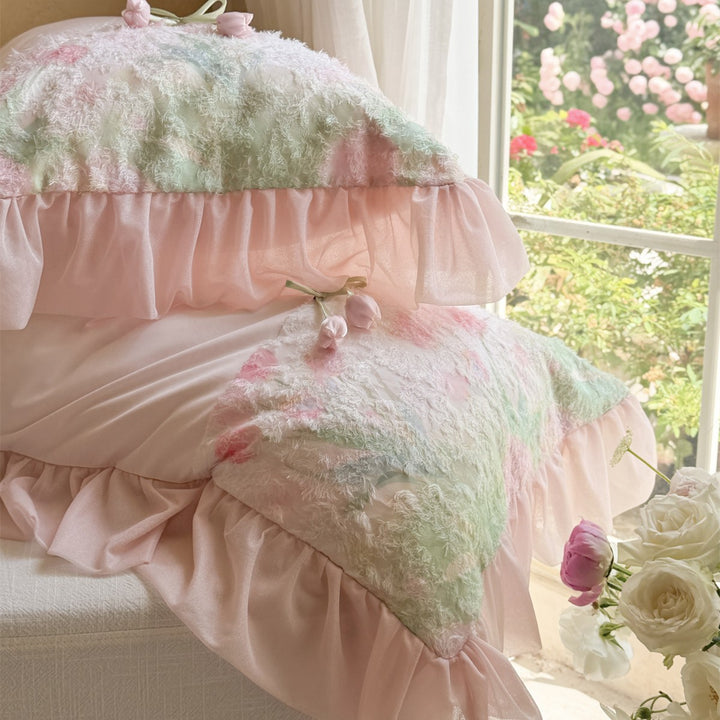 Plush Tufted Floral Duvet Cover Set with Ruffled Hem & Appliqué Accents