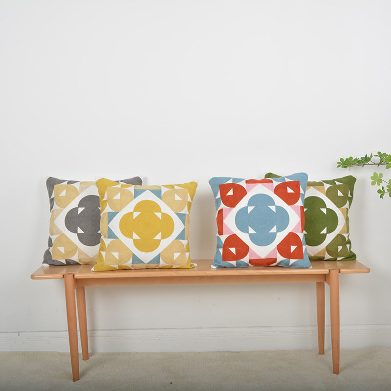 Geometric Embroidered Textured Square Accent Pillow with Layered Appliqué and Concealed Zip