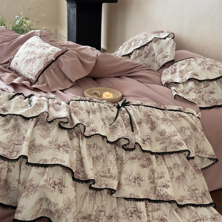 Romantic Ruffled Bedding Set with Vintage Toile Motif, Ruffles and Bedskirt