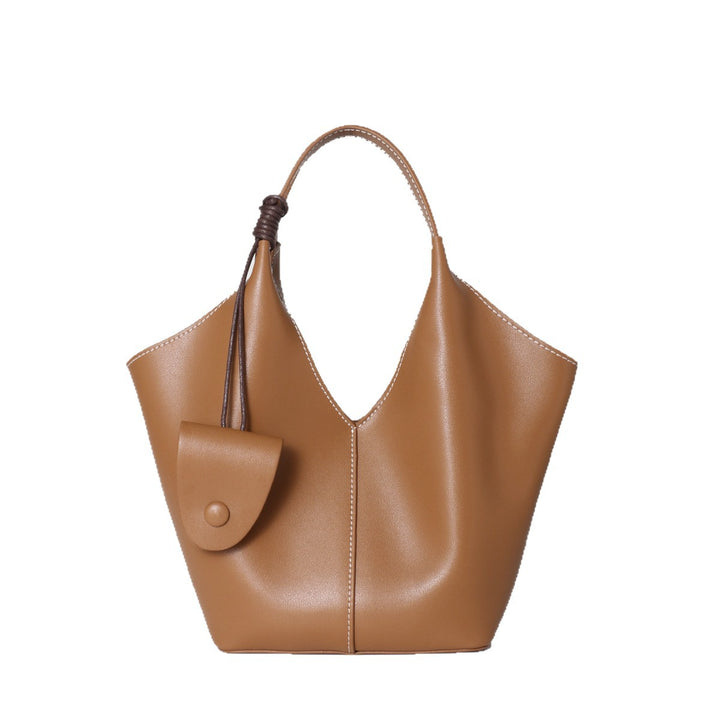 Curved-Top Soft Leather Bucket Tote with Hanging Mini Pouch