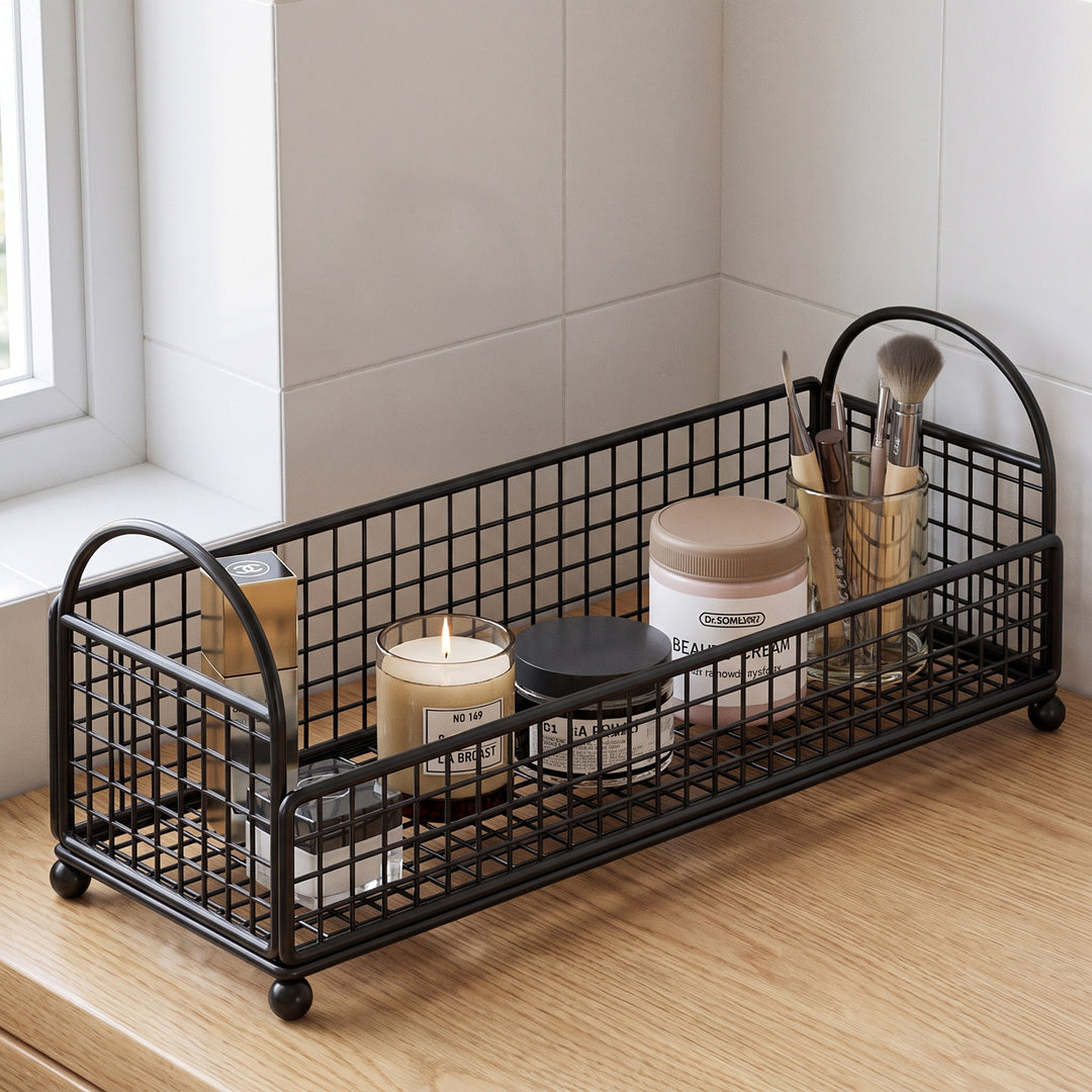 Grid Metal Countertop Vanity Storage Caddy with Raised Feet and Dual Arch Handles