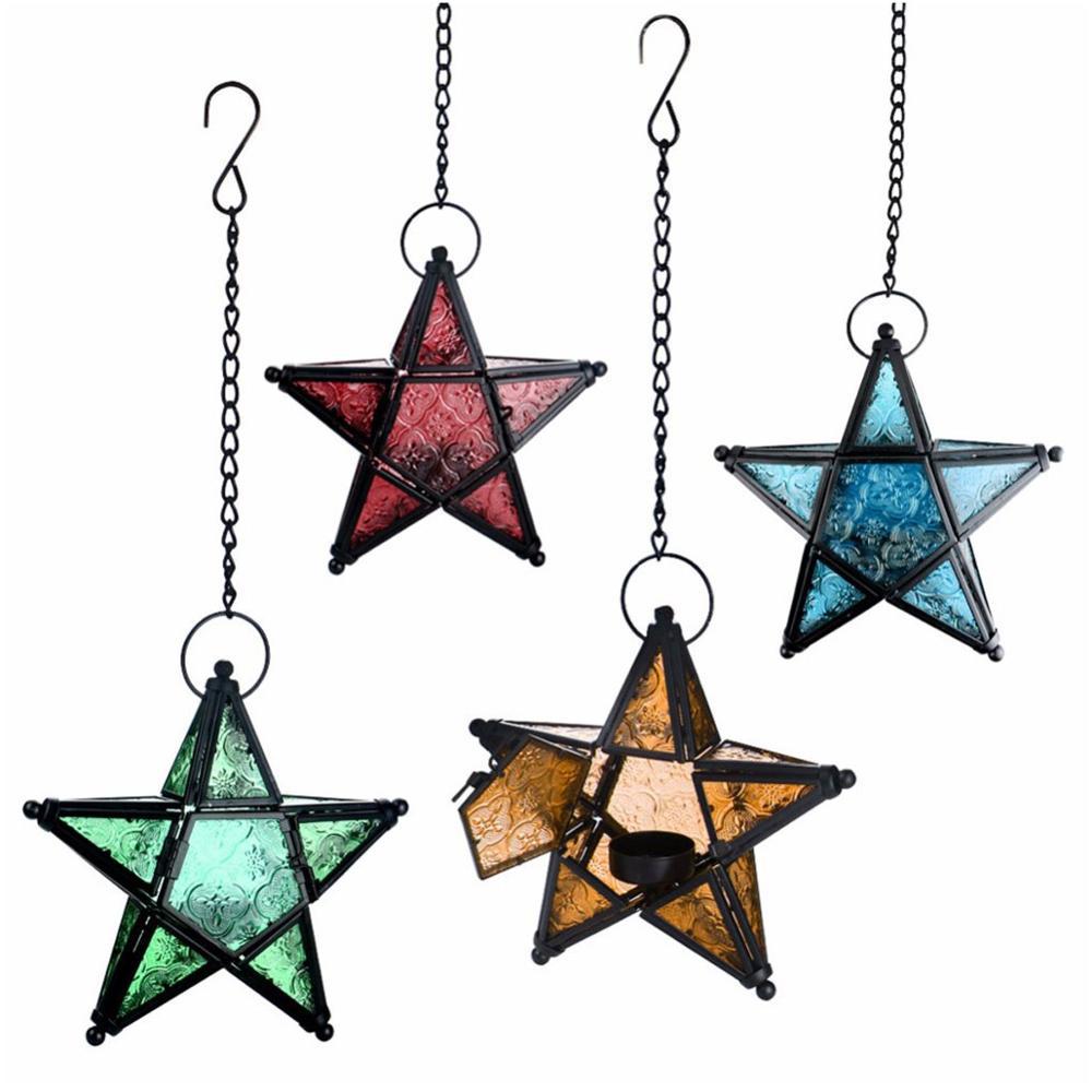 Moroccan-Inspired Stained Glass Star Hanging Lanterns with Embossed Panels Stornfield