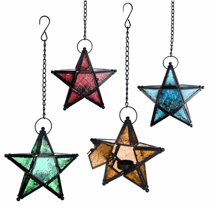 Moroccan-Inspired Stained Glass Star Hanging Lanterns with Embossed Panels Stornfield