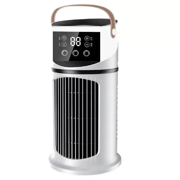 Unisex one size rechargeable tower climate fan with touch LED control integrated humidifying reservoir and leather carrying handle Stornfield
