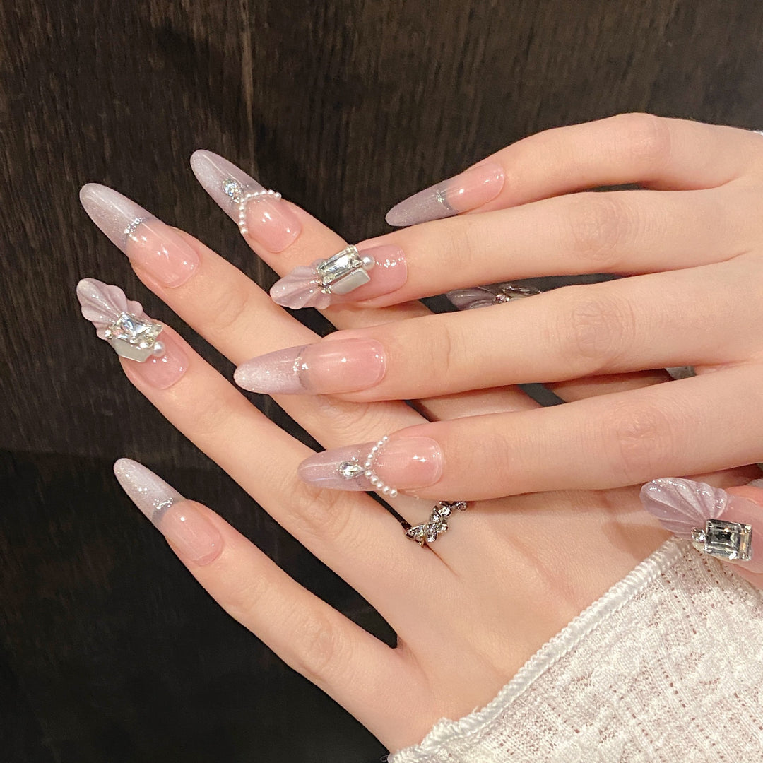 Decorative Press-On Nail Set with Gem and Pearl Accents