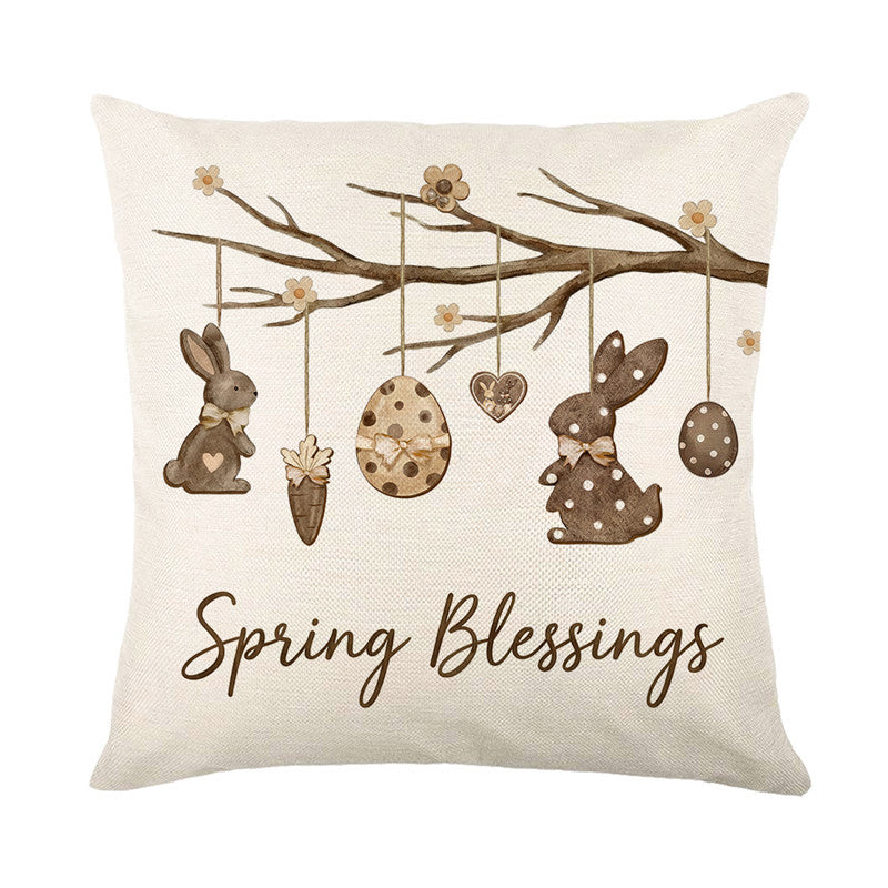 Linen-Blend Square Accent Pillow Cover with Large Easter 'Eggs Hunt' Printed Typography and Decorative Egg Motif