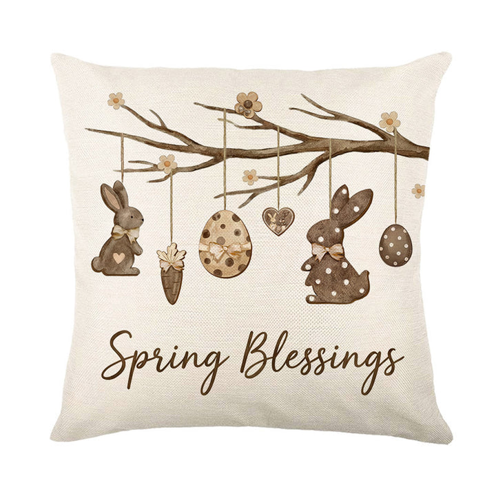 Linen-Blend Square Accent Pillow Cover with Large Easter 'Eggs Hunt' Printed Typography and Decorative Egg Motif