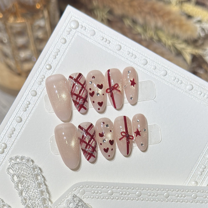 Romantic Themed Press-On Nail Set with Heart and Bow Accents Stornfield