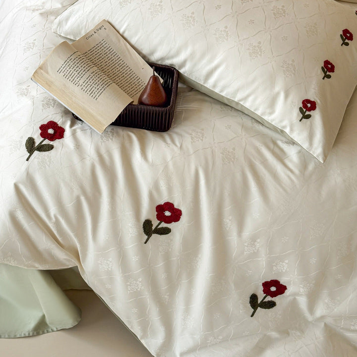 Embroidered Poppy Jacquard Duvet Cover Set with Reversible Sateen Back