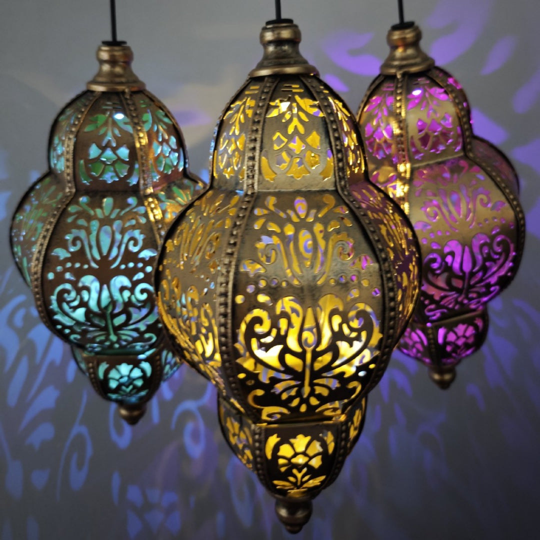 Ornate Moroccan Cutout Metal Hanging Pendant Light With Decorative Shadow Projection And Ceiling Canopy Stornfield