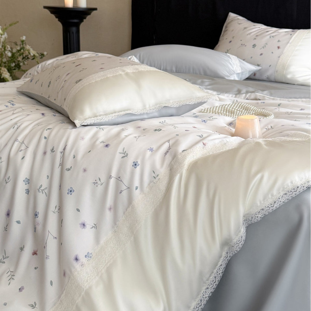 Floral Lace-Trim Satin Duvet Cover and Pillowcase Set