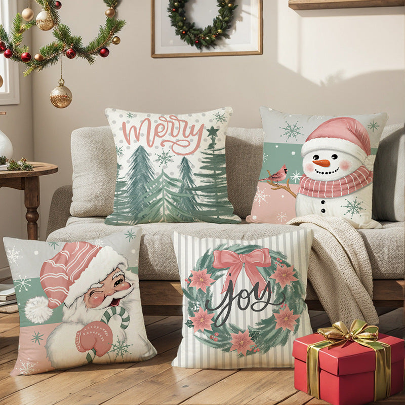 Decorative Linen-Texture Throw Pillow Cover Holiday Wreath Joy Script Print with Hidden Zipper