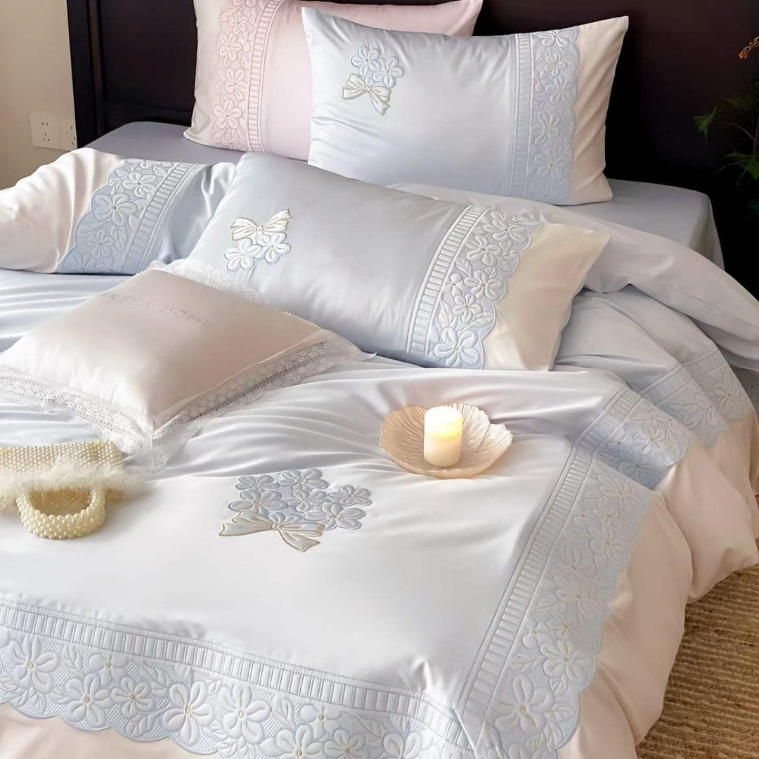 Embroidered Luxury Cotton Sateen Bedding Set with Floral Lace Trim