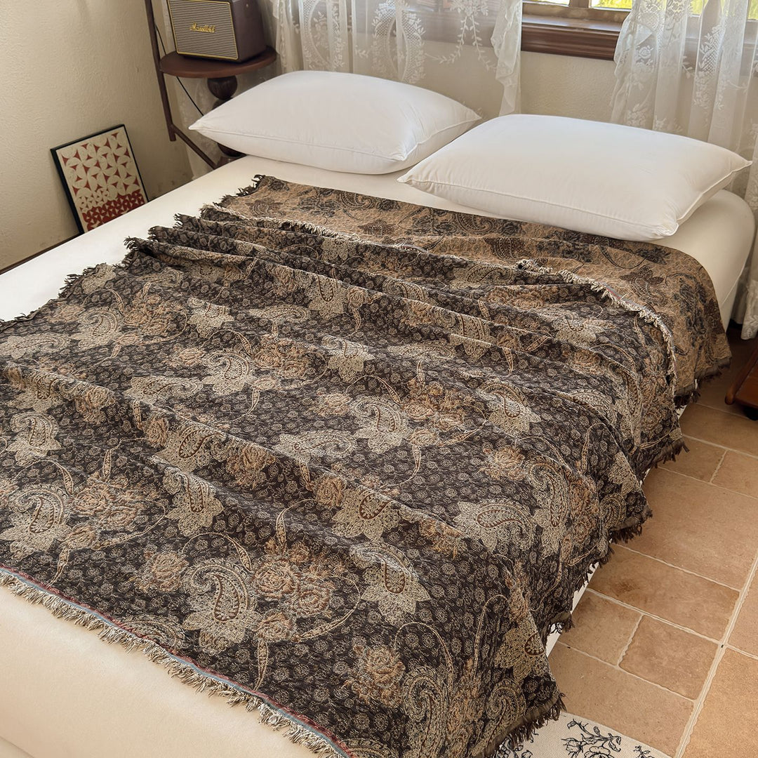 Woven Jacquard Patchwork Throw Blanket with Fringed Edges