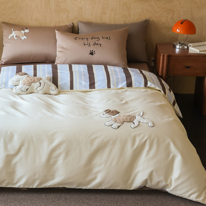 Embroidered Dog Appliqué Cotton Duvet Cover Set with Reversible Striped Panel & Pillowcases