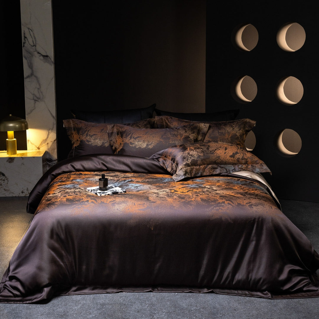 Luxurious satin bedding set with jacquard lace pattern and decorative pillow