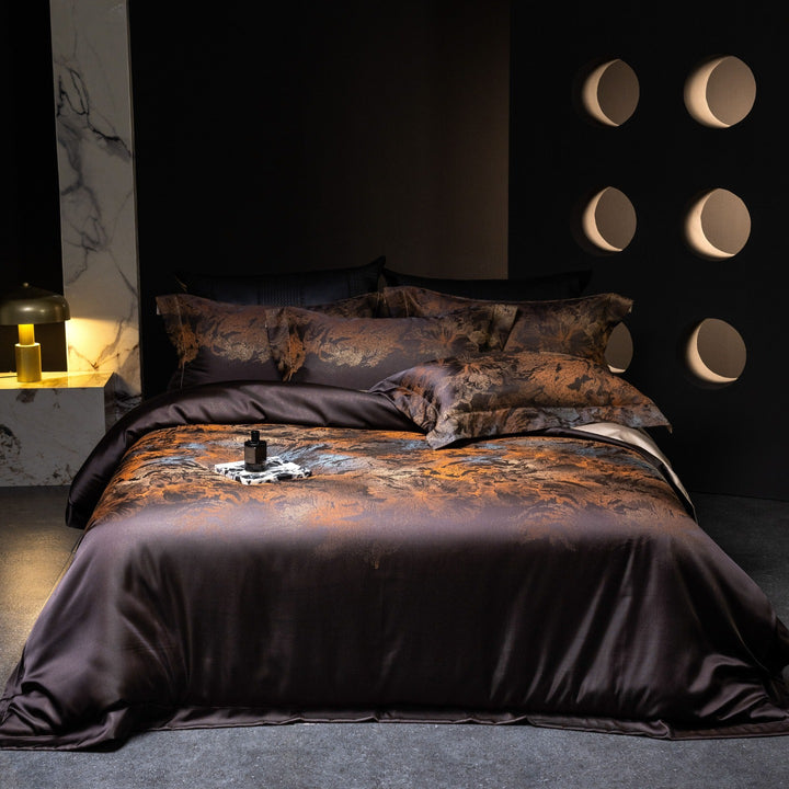 Luxurious satin bedding set with jacquard lace pattern and decorative pillow