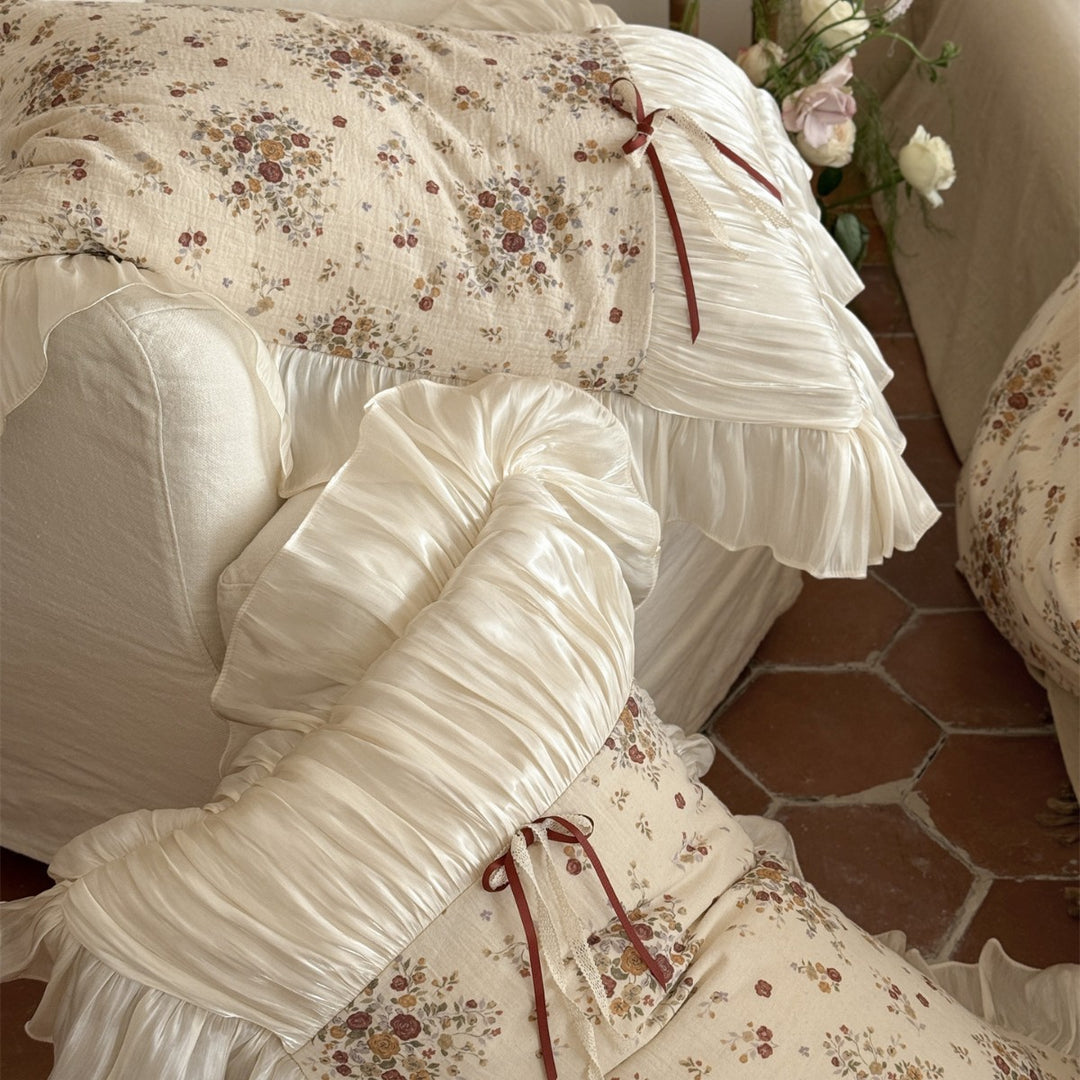 Floral Ruffled Satin-Trim Duvet Cover Bedding Set with Decorative Ribbon Bows