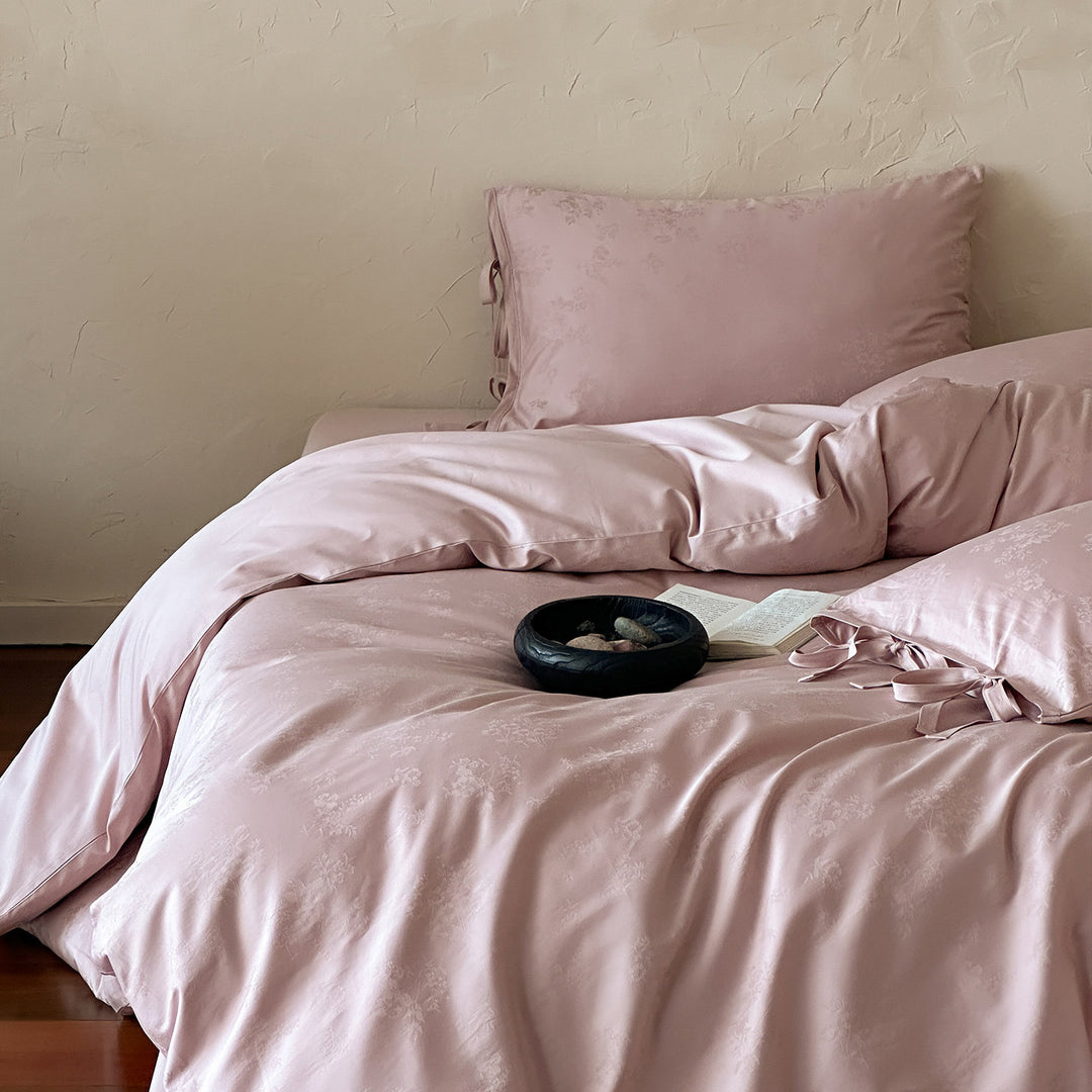 Luxury Floral Satin Duvet Cover Set with Ribbon-Tie Pillowcases