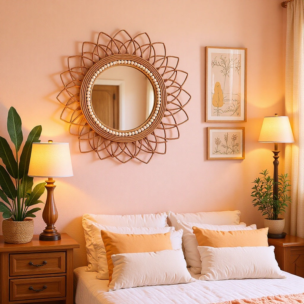 Decorative wall mirror with rattan frame Stornfield