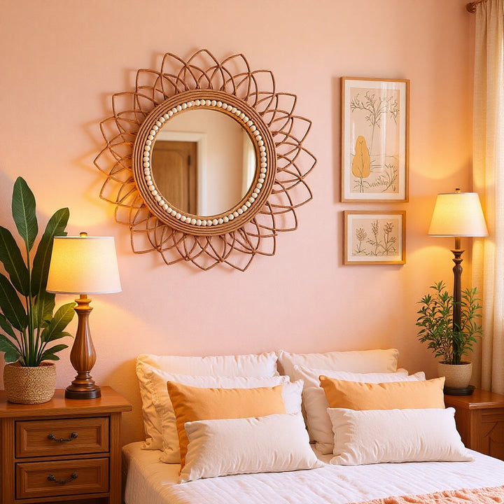 Decorative wall mirror with rattan frame Stornfield