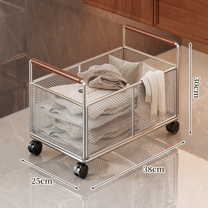 Freestanding Mesh Storage Crate with Wooden Grip Handles for Living Room and Laundry