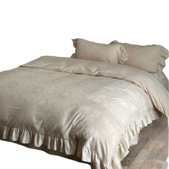Jacquard Medallion Duvet Cover Set with Ruffled Skirt and Ruffled Shams