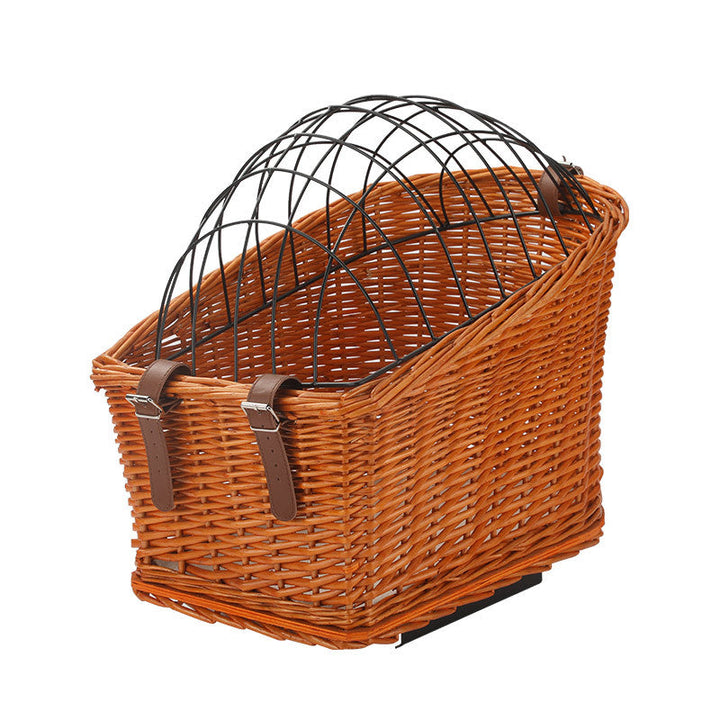 front-mount wicker bicycle pet carrier basket with foldable metal safety dome and adjustable leather buckle straps Stornfield