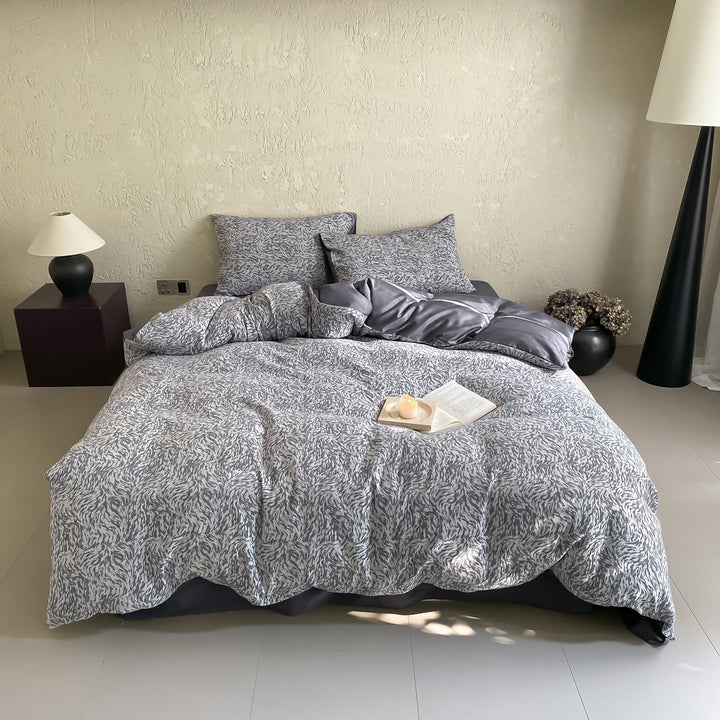 Floral Micro-Print Cotton Sateen Duvet Cover Set with Reversible Solid-Back and Pillow Shams