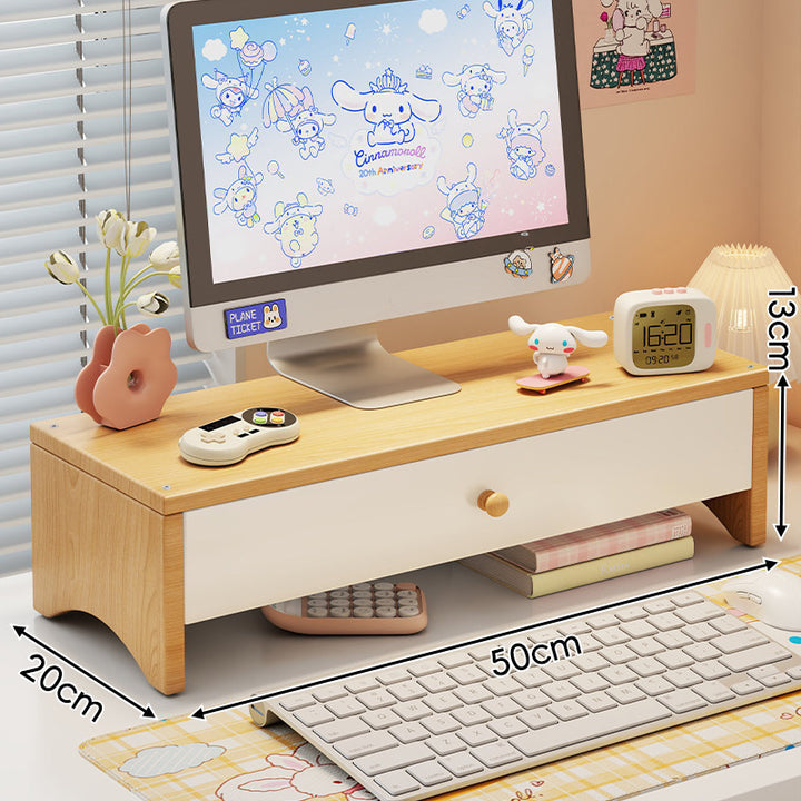 Wooden Dual-Drawer Monitor Riser Desk Organizer