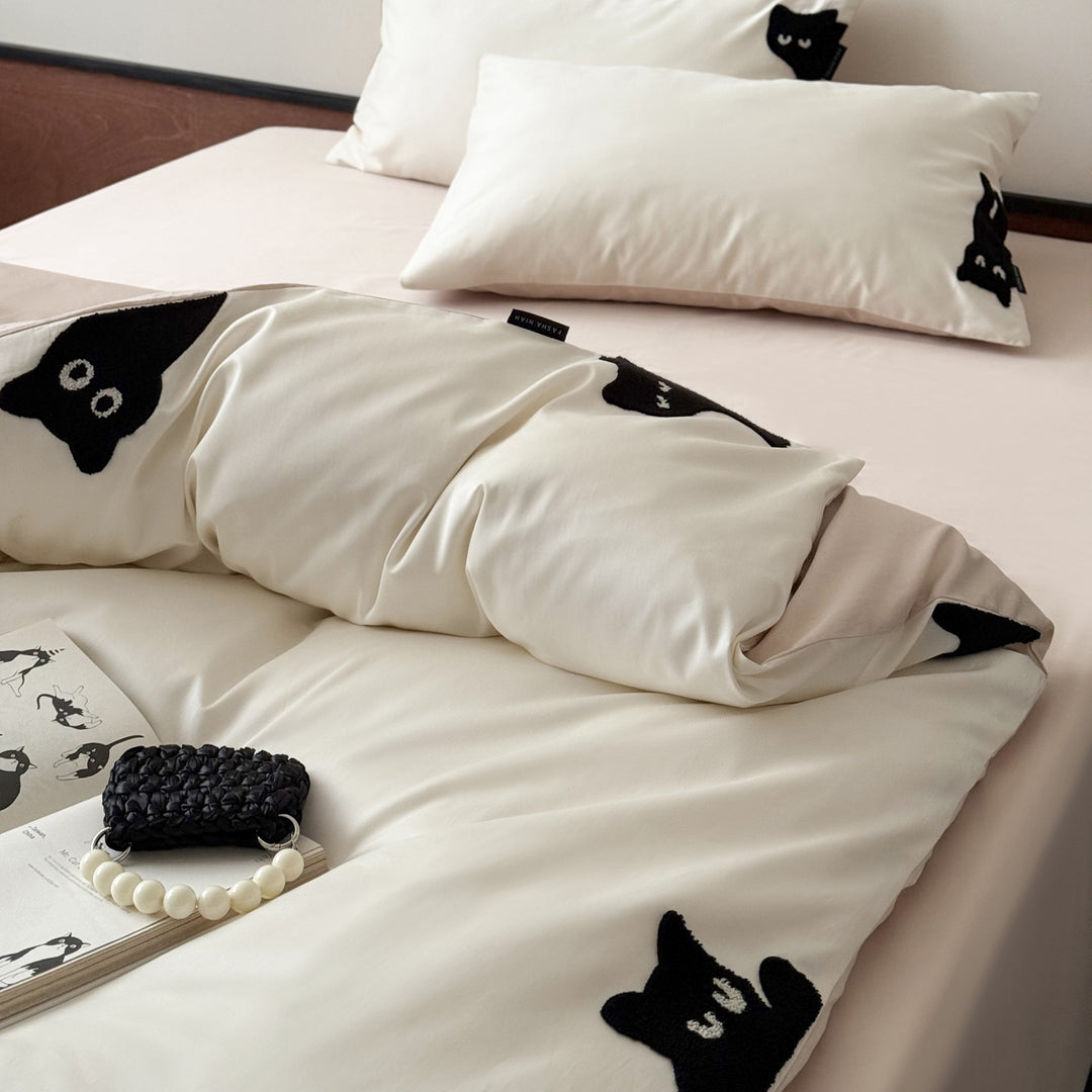 Cotton Sateen Duvet Cover Set with Raised Cat Appliqué & Hidden Closure