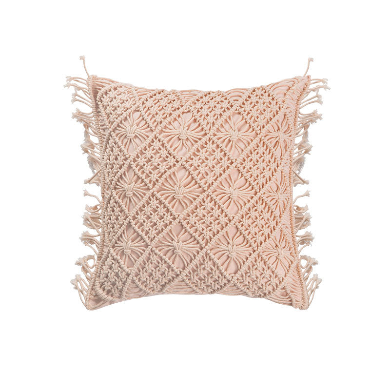 Rectangular cushion cover in macramé style with tufted floral appliqués and fringes