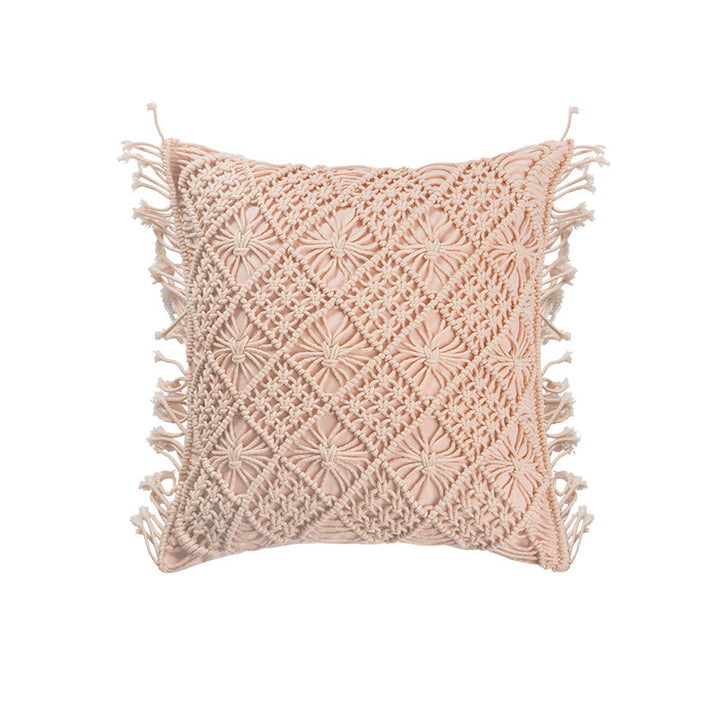 Rectangular cushion cover in macramé style with tufted floral appliqués and fringes
