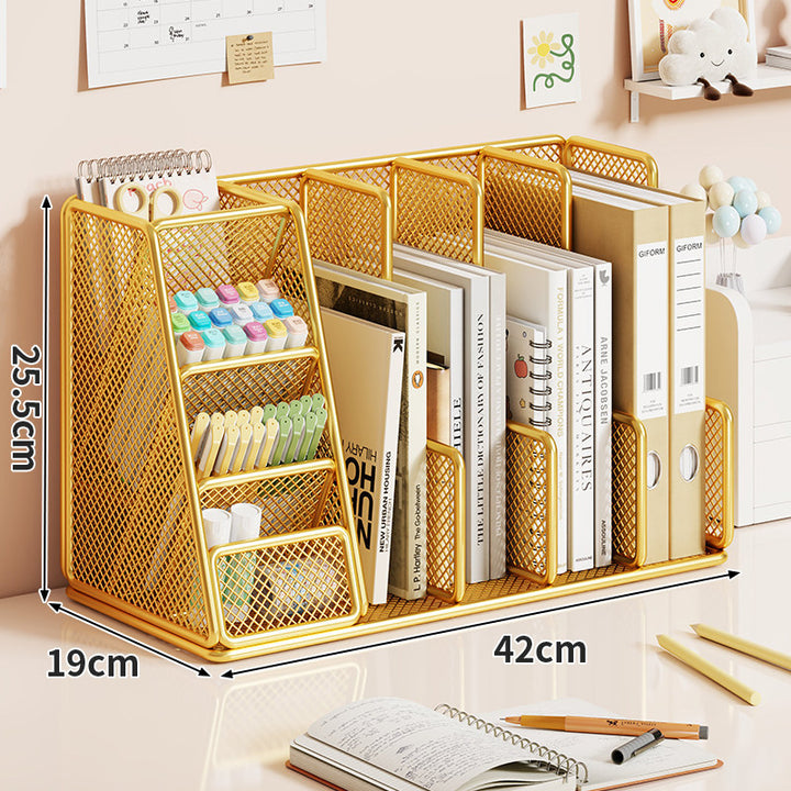 Mesh Desktop Organizer with Multi-Compartment Book Binder and Pen Rack