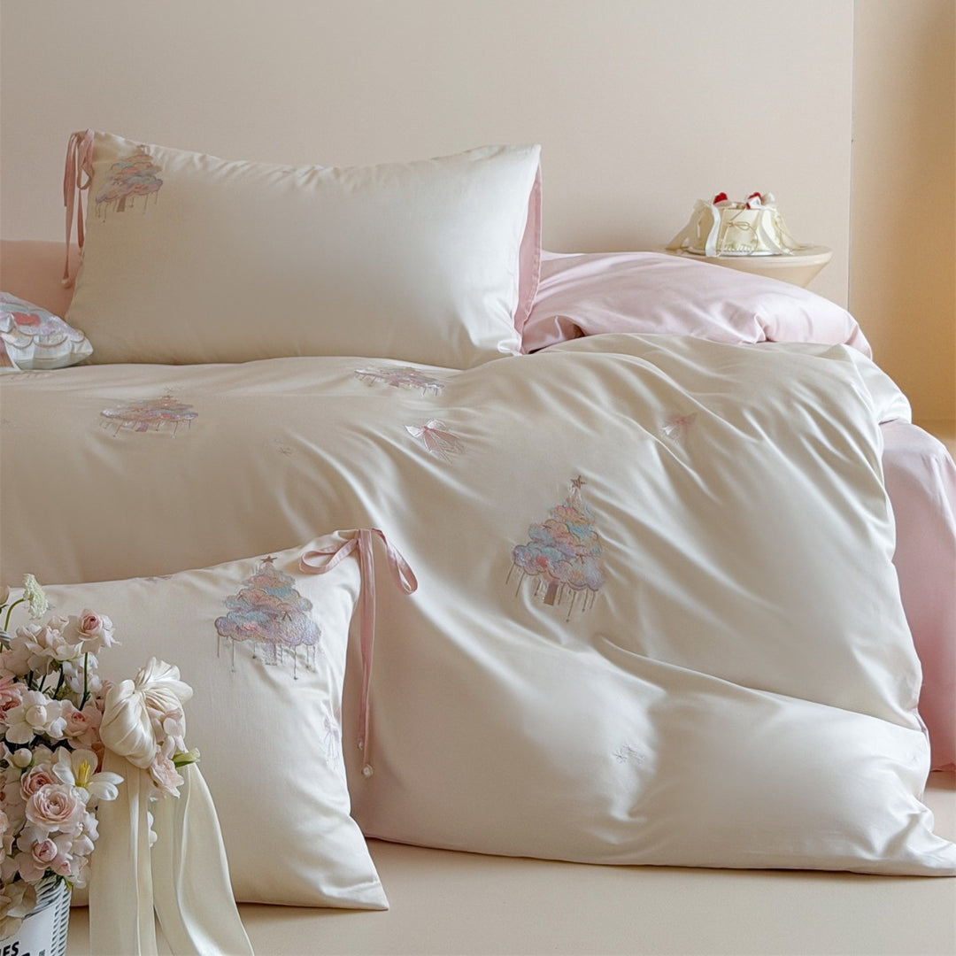 Pastel Cloud Embroidered Cotton Sateen Duvet Cover Set with Ribbon-Tie Shams